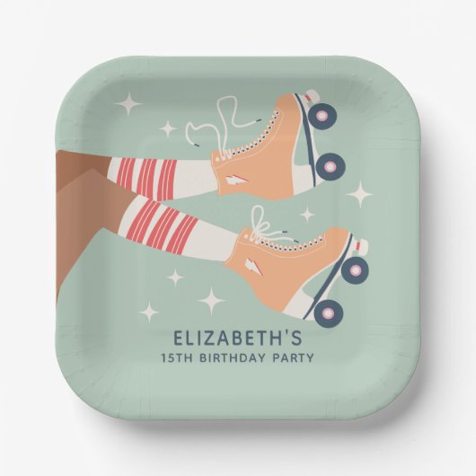 Retro Rolschaatsen Meisjes Verjaardagsfeest Papieren Bordje (Voorkant)