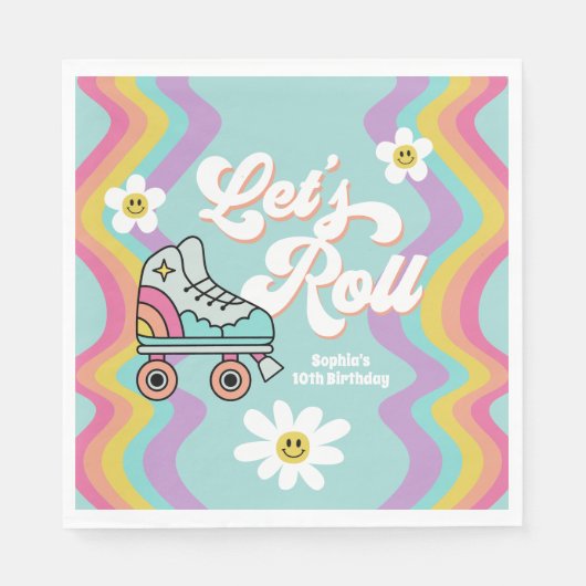 Retro Rolschaatsen Regenboog Verjaardag servetten (Voorkant)