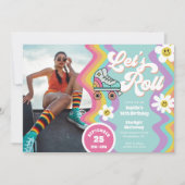 Retro Rolschaatsen Regenboog Verjaardag Uitnodigin Kaart (Voorkant)