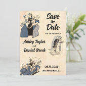 Retro Romantic Comic Wedding Save the Date Kaart (Staand voorkant)