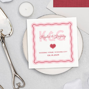 Retro Romantisch Golfkader Hart Monogram Huwelijk Servet