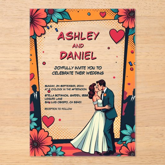 Retro Romantische bruid en bruidegom stripboek bru Acryl Uitnodigingen (Voorkant)