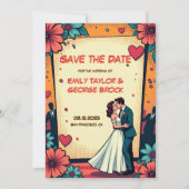 Retro Romantische bruid en bruidegom stripboek bru Save The Date (Voorkant)