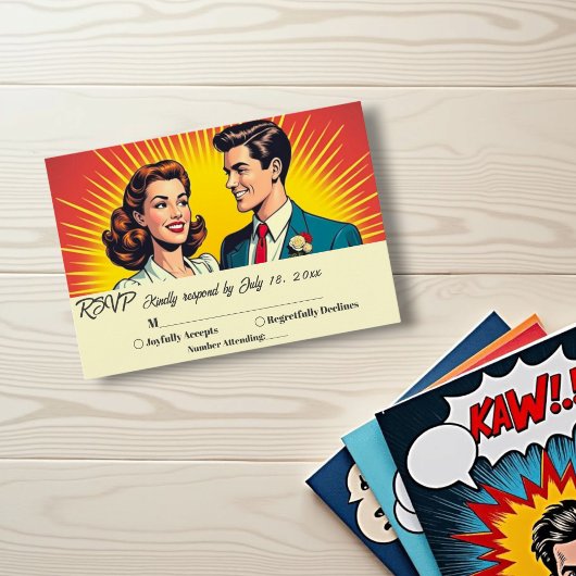 Retro Romantische Koppel Comic Style Wedding RSVP Kaartje