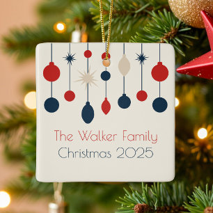 Retro Rood Blauw Custom 2025 Familie Kerstmis Keramisch Ornament