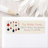 Retro Rood Blauw Ornamenten Kerst Retour Adres Etiket (Insitu)