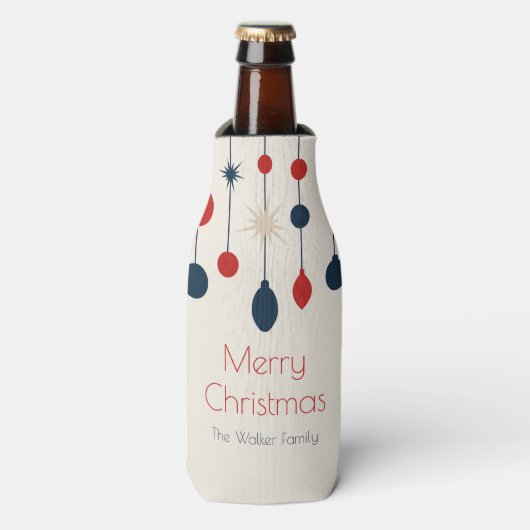 Retro Rood Blauw Ornamenten Kerstfeest Flesjeskoeler (Fles Voorkant)