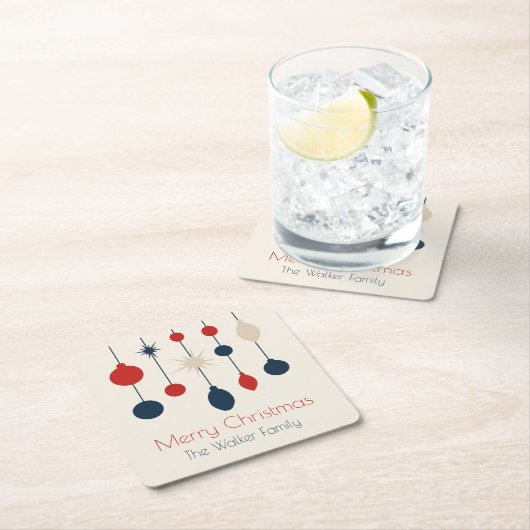 Retro Rood Blauw Ornamenten Kerstfeest Vierkante Kartonnen Onderzetter (Insitu)