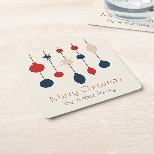 Retro Rood Blauw Ornamenten Kerstfeest Vierkante Kartonnen Onderzetter (Schuin)