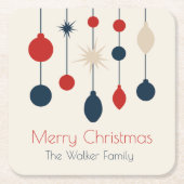 Retro Rood Blauw Ornamenten Kerstfeest Vierkante Kartonnen Onderzetter (Voorkant)