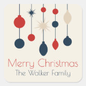 Retro Rood Blauw Ornamenten Kerstfeest Vierkante Sticker (Voorkant)