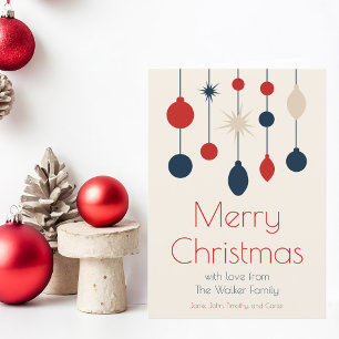 Retro Rood Blauw Ornamenten Kerstfoto Binnen Feestdagen Kaart