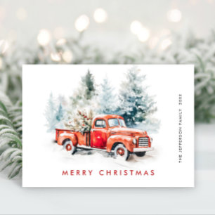 Retro Rood Boerderij Vrachtwagen Kerstboom Groet Feestdagenkaart