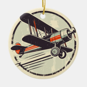 Retro  Rood en Groen Biplane Keramisch Ornament