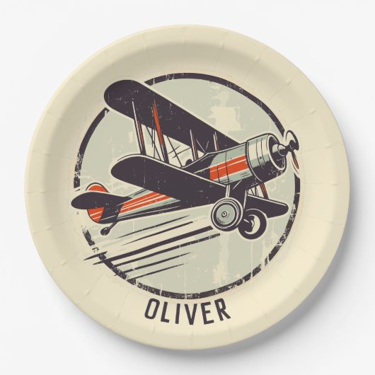 Retro  Rood en Groen Biplane Papieren Bordje (Voorkant)