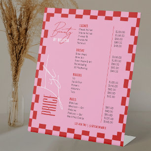Retro rood en roze groovy haar wimper salon prijst reclamebord met voetstuk