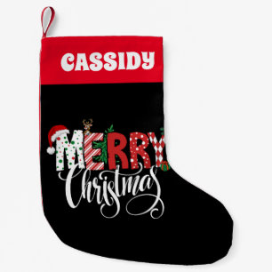 Retro rood en zwart vrolijk kerstfeest kleine kerstsok