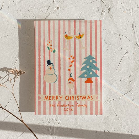 Retro rood geïllustreerde kleurrijke kerst niet-fo feestdagenkaart