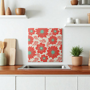 Retro Rood Groen Bloemen Tegeltje
