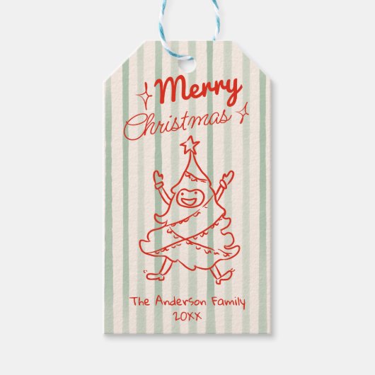 Retro rood groen getekend Grappige kerstboom Cadeaulabel (Voorkant)