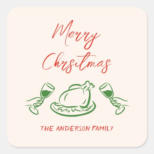 Retro Rood Groen Hand getekend Vrolijk Kerstfeest Vierkante Sticker (Voorkant)