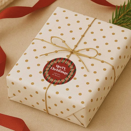 Retro Rood & Groen Vrolijk Kerstfeest Aangepaste N Ronde Sticker