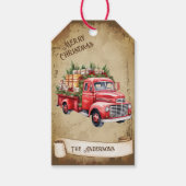 Retro Rood Pickup Vrachtwagen Vrolijk Kerstfeest Cadeaulabel (Voorkant)
