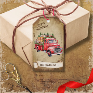 Retro  Rood Pickup Vrachtwagen Vrolijk Kerstfeest Cadeaulabel