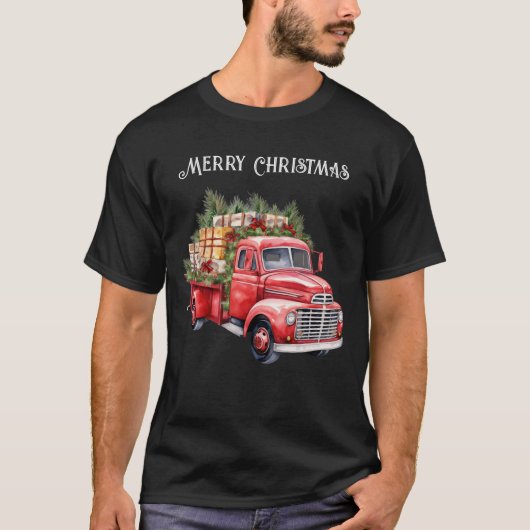 Retro  Rood Pickup Vrachtwagen Vrolijk Kerstfeest T-shirt (Voorkant)