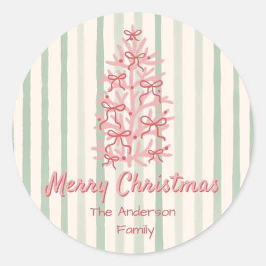 Retro Rood Roze Hand Getrokken Bogen Boom Kerstmis Ronde Sticker (Voorkant)