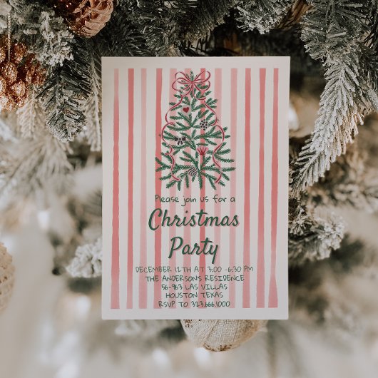 Retro Rood Roze Hand Getrokken Kerstmis Bow Tree P Kaart