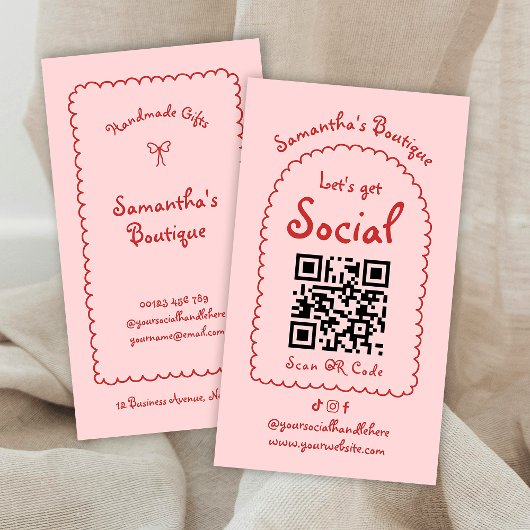 Retro Rood Roze Handgeschreven Girly Whimsical QR Visitekaartje