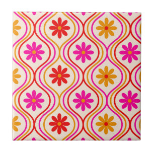 Retro rood roze oranje bloemen op Ogee patroon Tegeltje