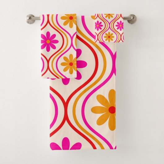 Retro Rood Roze Sinaasappels Bloemen op Ogee Patte Bad Handdoek (Insitu)
