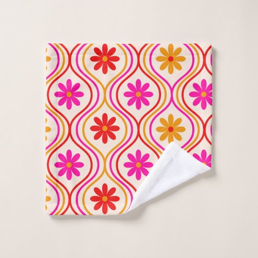 Retro Rood Roze Sinaasappels Bloemen op Ogee Patte Bad Handdoek (Wasdoekje)