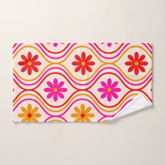 Retro Rood Roze Sinaasappels Bloemen op Ogee Patte Bad Handdoek (Handdoek)
