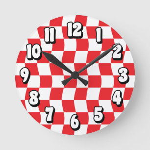 Retro rood wit Wavy Checkerboard patroon Ronde Klok