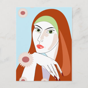 Retro Roodharig Bloem Motief Mode Portret Kunst Briefkaart
