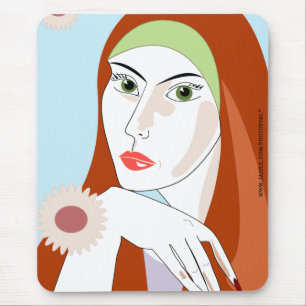 Retro Roodharige Bloemige Mode Portret Kunst Muismat