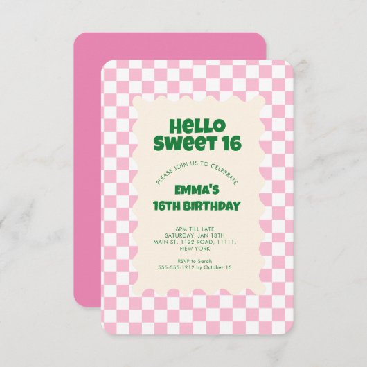 Retro rose Super Checker Sweet 16 Invitation (Devant / Derrière)