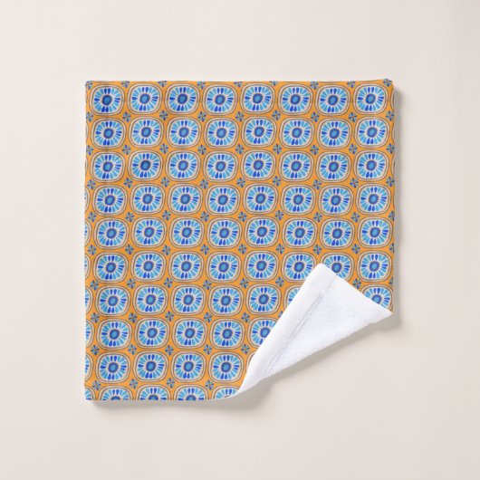 Retro Round Daisy Tegel Pattern Blue Oranje Bad Handdoek (Wasdoekje)
