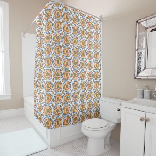 Retro Round Daisy Tegels Pattern Hand Drage Blue Douchegordijn (In situ)