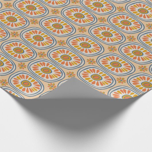 Retro Round Tegels Mexico Daisy Pattern Oranje BLu Cadeaupapier (Hoek)