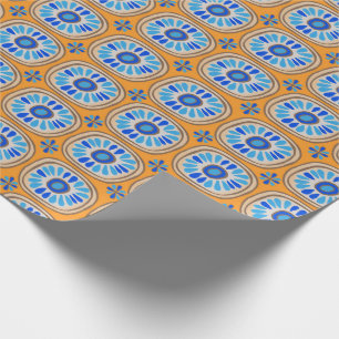 Retro Round Tegels Mexico Daisy Pattern Oranje BLu Cadeaupapier