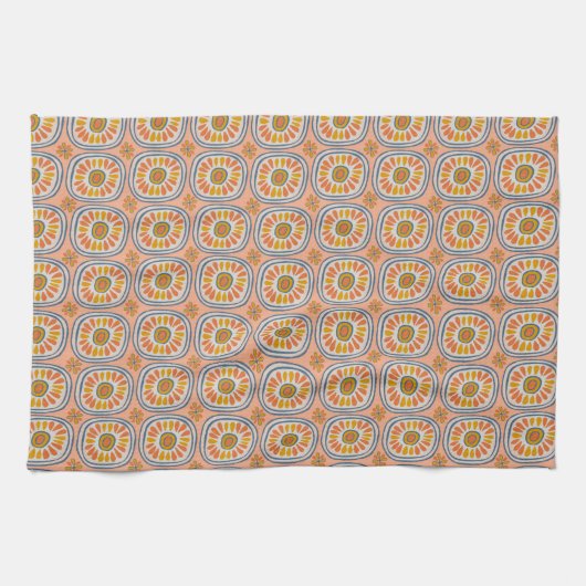 Retro Round Tegels Mexico Daisy Pattern Peach Theedoek (Horizontaal)