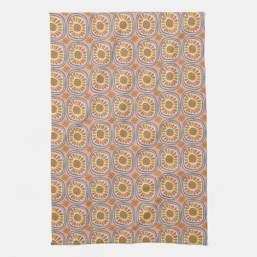 Retro Round Tegels Mexico Daisy Pattern Peach Theedoek (Verticaal)