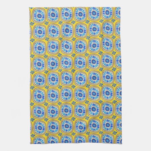 Retro Round Tegels Mexico Daisy Pattern Yellow Theedoek (Verticaal)
