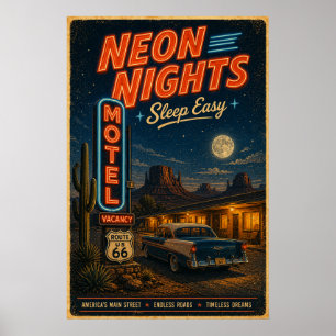 Retro Route 66 Neon Motel Nachtlandschap Poster