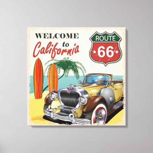 Retro Route 66 "Welkom in Californië" poster, Canvas Afdruk (Voorkant)