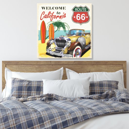 Retro Route 66 "Welkom in Californië" poster, Canvas Afdruk (Insitu (Slaapkamer))